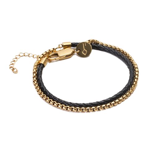 Pulseira Lemmy de Couro Preto e Aço Dourado