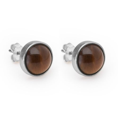 Par de Brincos Conte de Prata 925 com Pedra Natural Olho de Tigre Marrom