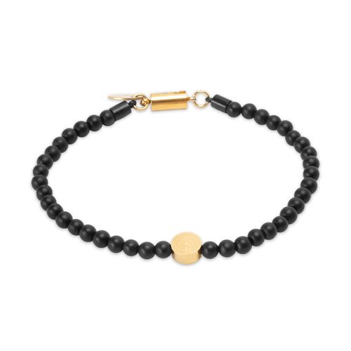 Pulseira Griffin de Pedra Natural Preta e Medalha Benta de Aço Dourado