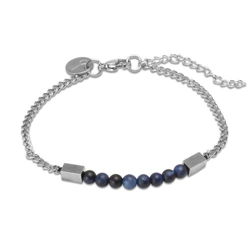 Pulseira Vibrant de Aço Prata e Pedra Natural  Olho de Tigre Azul