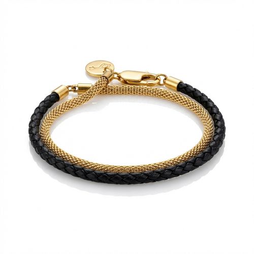 Pulseira Lancaster de Couro Preto e Malha Dourada