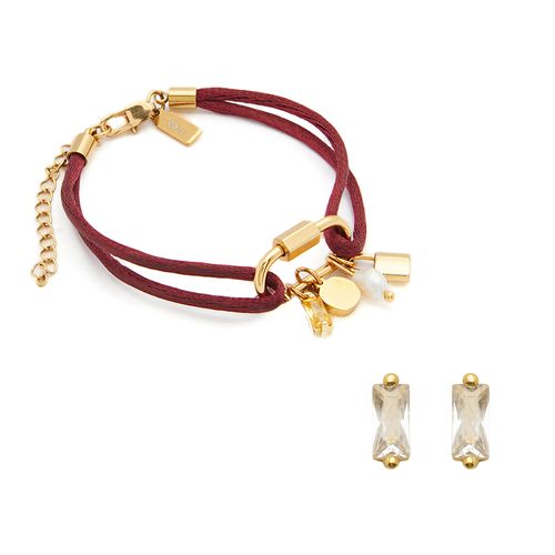 Kit Contemporânea: Pulseira Boreal Bordô e Brinco Maia Dourado de Prata 925