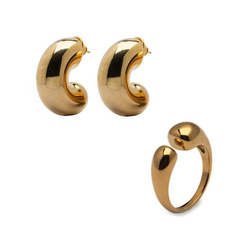 Kit Fashion de Brinco Mari Dourado e Anel Anne Aço Dourado