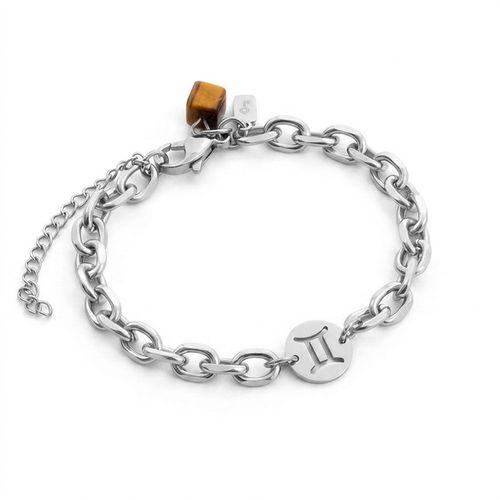 Pulseira de Signo Gêmeos de Aço e Pedra Natural Olho de Tigre Marrom
