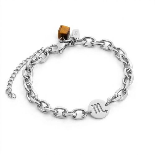 Pulseira de Signo Escorpião de Aço e Pedra Natural Olho de Tigre Marrom